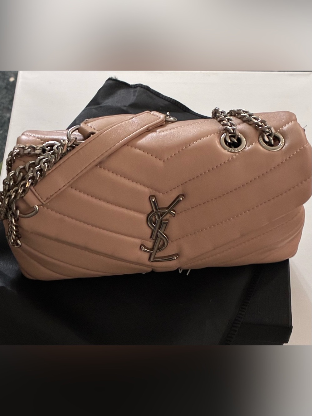 Saint Laurent Blush Quilted Chevron Shoulder Bag with Silver Hardware